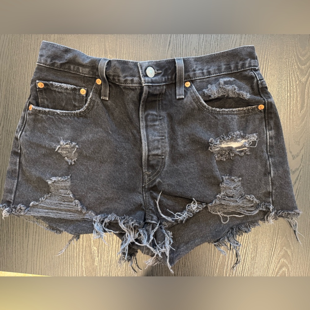 Levi’s Premium Black 501 Denim Shorts W29-Distressed High Rise Cut Off